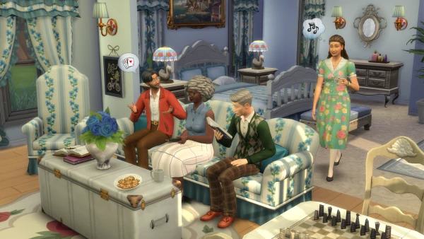 Oudere Sims in een woonkamer in De Sims 4
